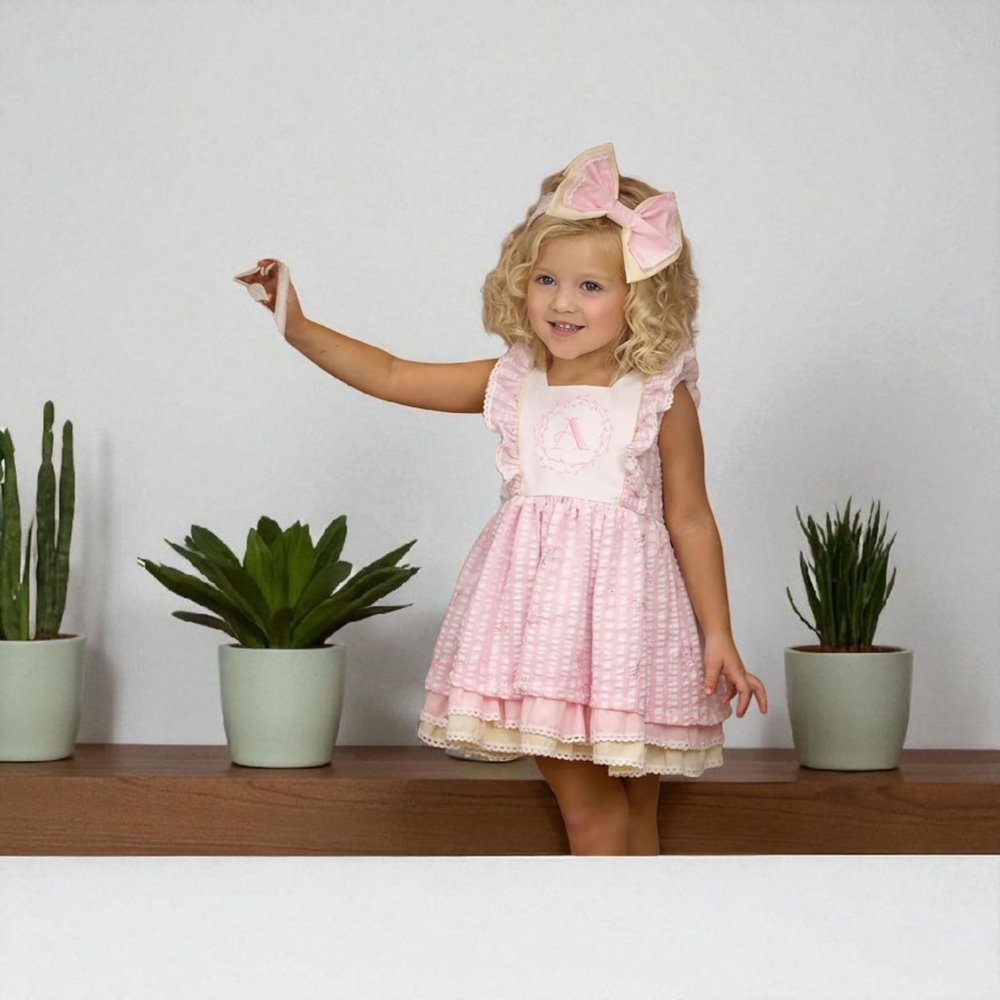 Haute Baby Pink Seersucker Pink and White Embroidered Ruffled Dress Sz 4